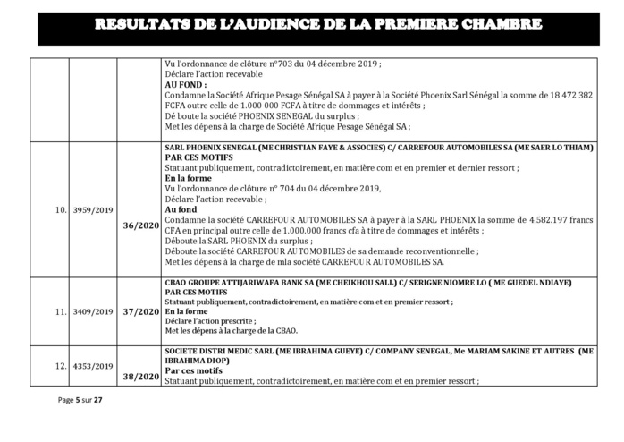 Tribunal du Commerce: Délibérés des Audiences de la Première Chambre du 8 janvier