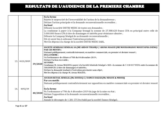 Tribunal du Commerce: Délibérés des Audiences de la Première Chambre du 8 janvier