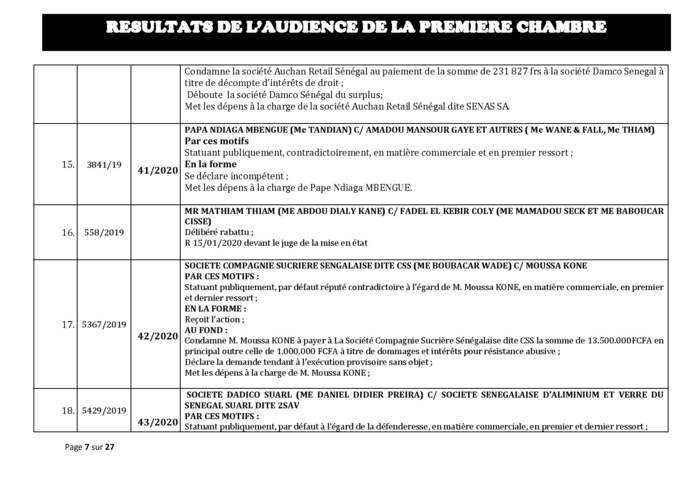 Tribunal du Commerce: Délibérés des Audiences de la Première Chambre du 8 janvier