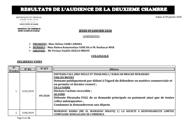 Tribunal du Commerce: Délibérés des Audiences de la 2e Chambre du jeudi 9 janvier