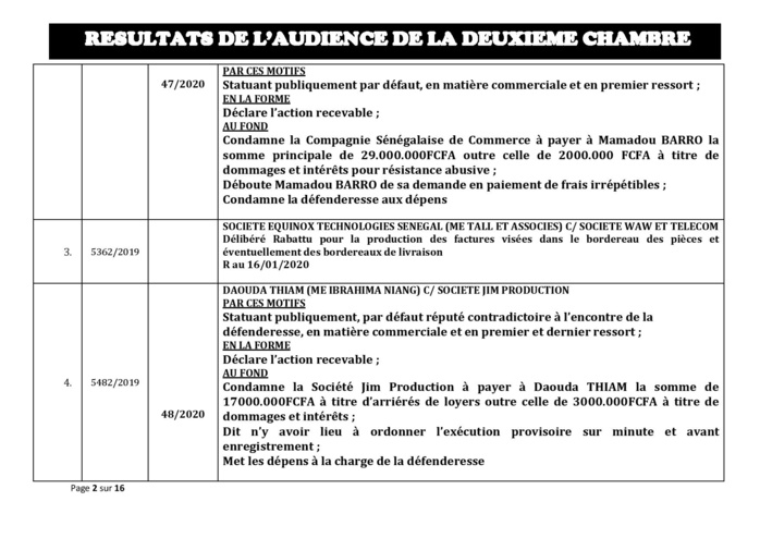 Tribunal du Commerce: Délibérés des Audiences de la 2e Chambre du jeudi 9 janvier