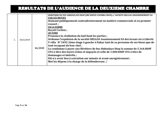 Tribunal du Commerce: Délibérés des Audiences de la 2e Chambre du jeudi 9 janvier