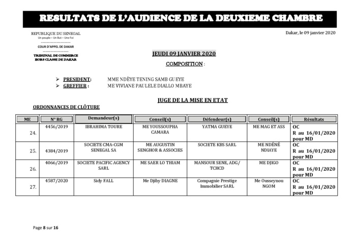 Tribunal du Commerce: Délibérés des Audiences de la 2e Chambre du jeudi 9 janvier