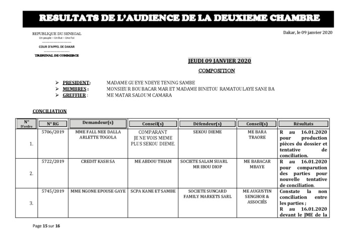 Tribunal du Commerce: Délibérés des Audiences de la 2e Chambre du jeudi 9 janvier