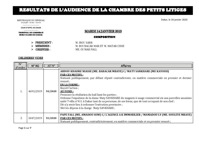 Tribunal du Commerce: Délibérés des Audiences de la Chambre des Petits Litiges du mardi 14 janvier