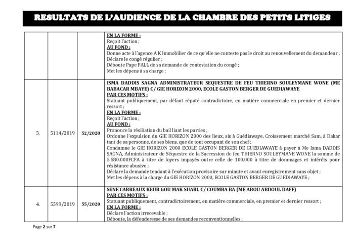 Tribunal du Commerce: Délibérés des Audiences de la Chambre des Petits Litiges du mardi 14 janvier