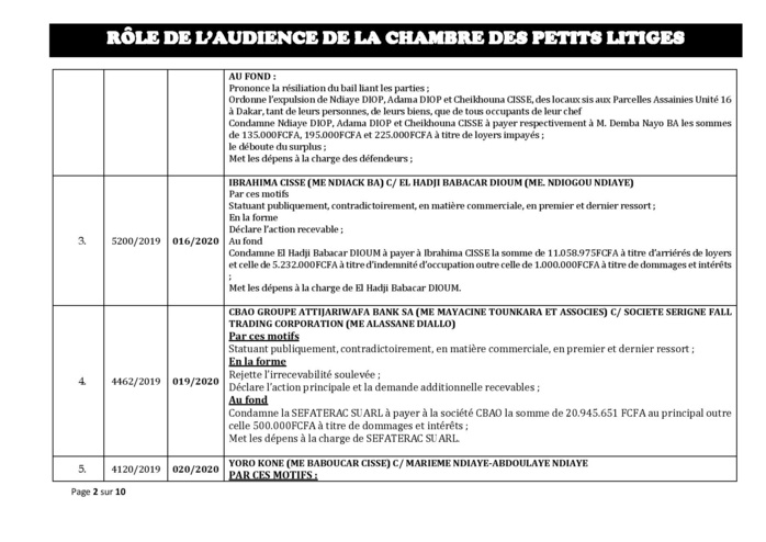 Tribunal du Commerce: Délibérés des Audiences du mardi 7 janvier