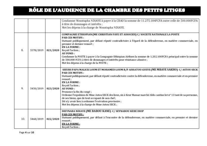 Tribunal du Commerce: Délibérés des Audiences du mardi 7 janvier