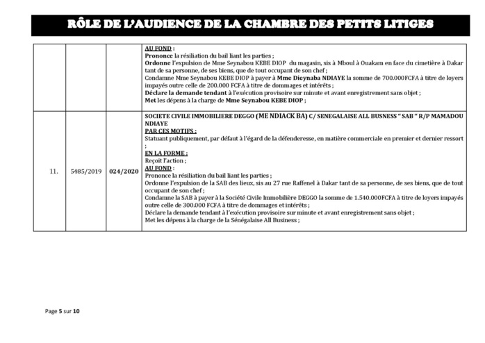 Tribunal du Commerce: Délibérés des Audiences du mardi 7 janvier