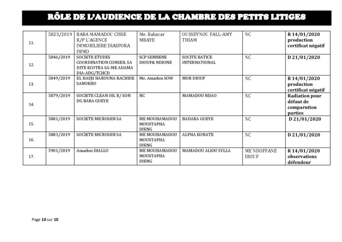 Tribunal du Commerce: Délibérés des Audiences du mardi 7 janvier