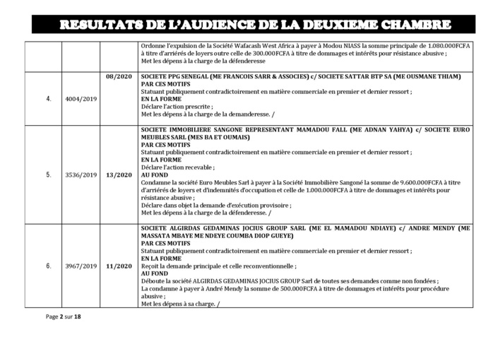 Tribunal du Commerce: Délibérés des Audiences de la 2e Chambre du jeudi 2 janvier