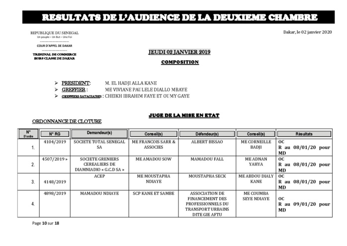 Tribunal du Commerce: Délibérés des Audiences de la 2e Chambre du jeudi 2 janvier