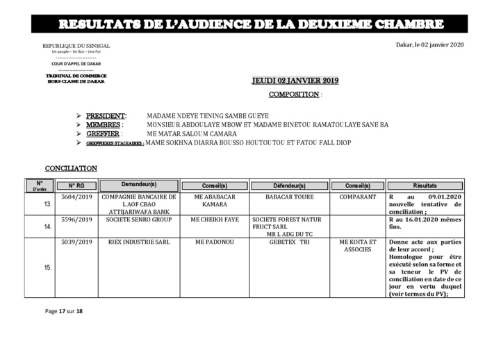 Tribunal du Commerce: Délibérés des Audiences de la 2e Chambre du jeudi 2 janvier