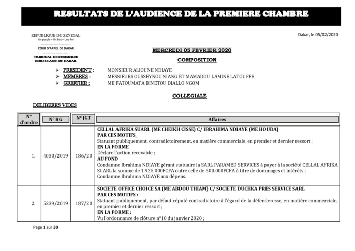 Tribunal du Commerce: Délibérés des Audiences de la Première Chambre du mercredi 5 février