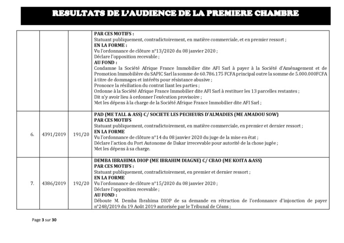 Tribunal du Commerce: Délibérés des Audiences de la Première Chambre du mercredi 5 février