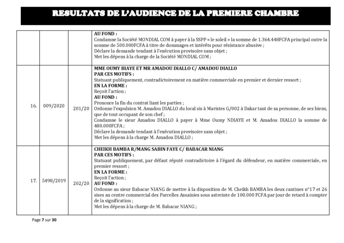 Tribunal du Commerce: Délibérés des Audiences de la Première Chambre du mercredi 5 février