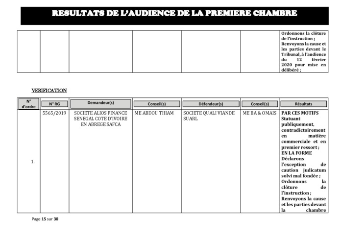 Tribunal du Commerce: Délibérés des Audiences de la Première Chambre du mercredi 5 février