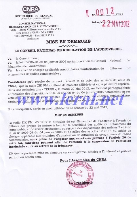 [Document Exclusif] Le CNRA met en demeure Zik et irrite Bougane Guèye