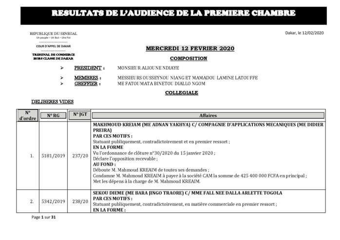 Tribunal du Commerce: Délibérés des Audiences du mercredi 12 février