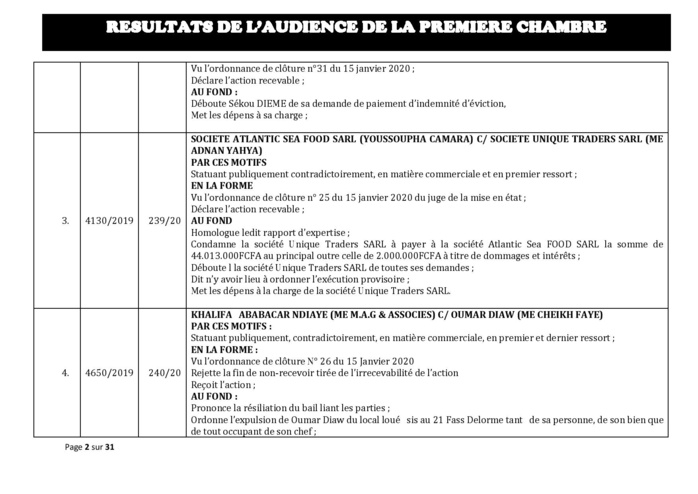 Tribunal du Commerce: Délibérés des Audiences du mercredi 12 février