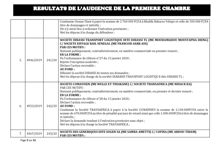 Tribunal du Commerce: Délibérés des Audiences du mercredi 12 février