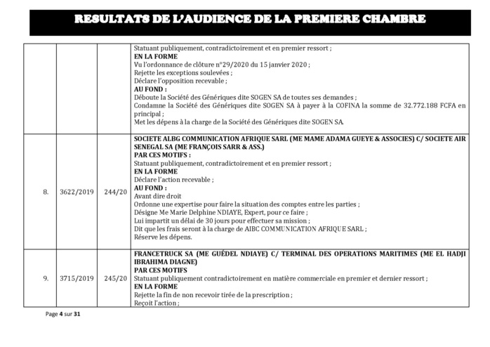 Tribunal du Commerce: Délibérés des Audiences du mercredi 12 février