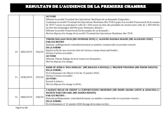 Tribunal du Commerce: Délibérés des Audiences du mercredi 12 février