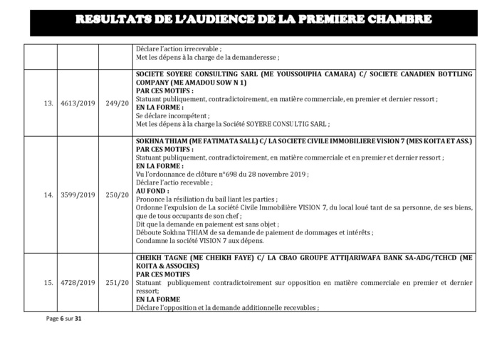 Tribunal du Commerce: Délibérés des Audiences du mercredi 12 février