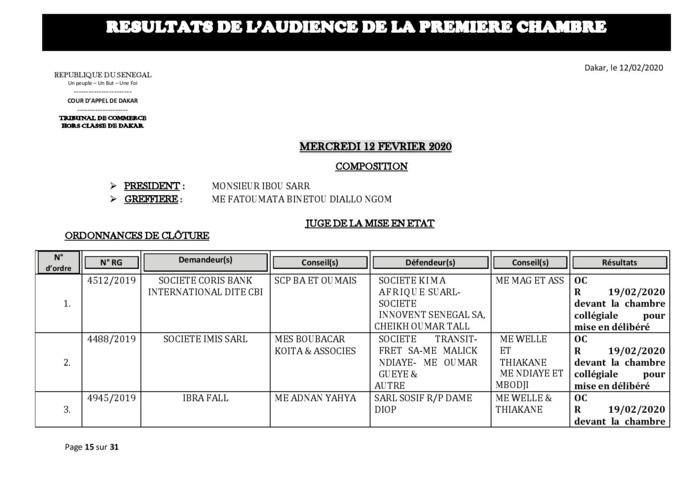 Tribunal du Commerce: Délibérés des Audiences du mercredi 12 février