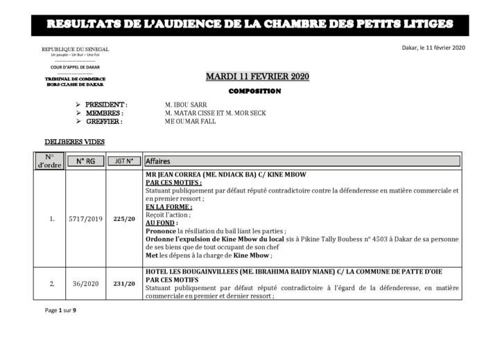 Tribunal du Commerce: Délibérés des Audiences de la Chambre des Petits Litiges du mardi 11 février