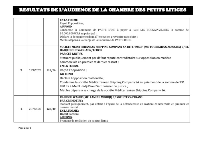 Tribunal du Commerce: Délibérés des Audiences de la Chambre des Petits Litiges du mardi 11 février