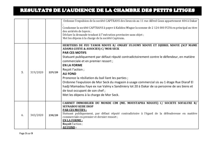 Tribunal du Commerce: Délibérés des Audiences de la Chambre des Petits Litiges du mardi 11 février