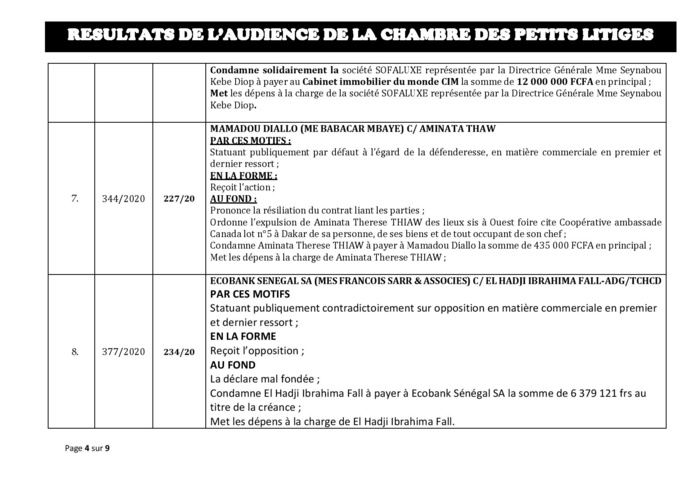 Tribunal du Commerce: Délibérés des Audiences de la Chambre des Petits Litiges du mardi 11 février