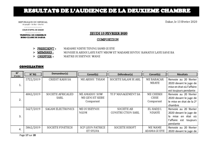 Tribunal du Commerce: Délibérés des Audiences de la 2e Chambre du jeudi 13 février