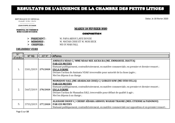 Tribunal du Commerce: Délibérés des Audiences de la Chambre des Petits Litiges du mardi 18  février