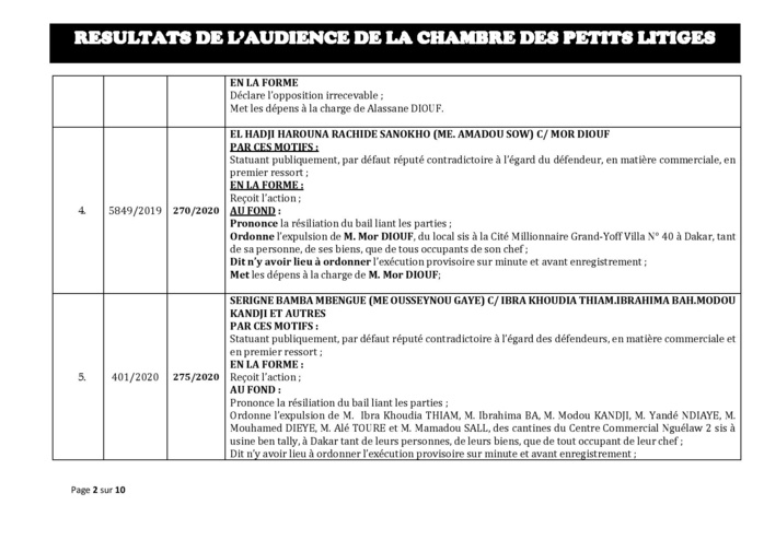 Tribunal du Commerce: Délibérés des Audiences de la Chambre des Petits Litiges du mardi 18  février