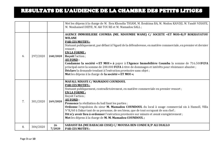 Tribunal du Commerce: Délibérés des Audiences de la Chambre des Petits Litiges du mardi 18  février