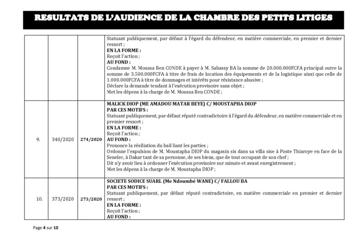 Tribunal du Commerce: Délibérés des Audiences de la Chambre des Petits Litiges du mardi 18  février