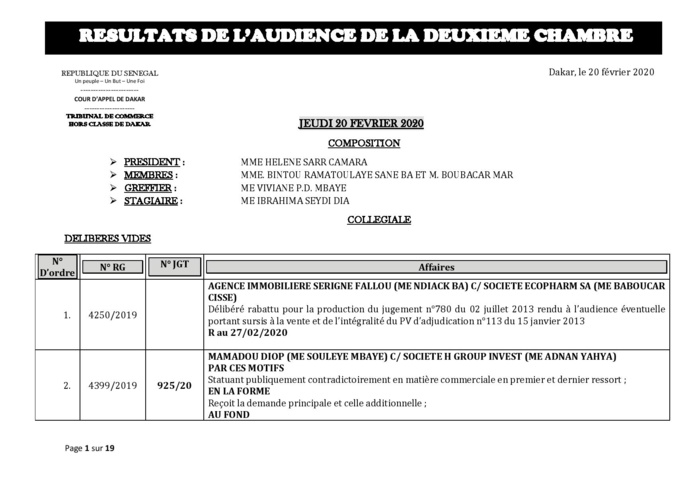 Tribunal du Commerce: Délibérés des Audiences de la 2e Chambre du jeudi 20 février