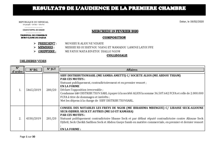 Tribunal du Commerce: Délibérés des Audiences du mercredi 19 février 