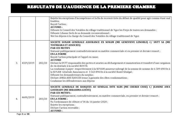 Tribunal du Commerce: Délibérés des Audiences du mercredi 19 février 