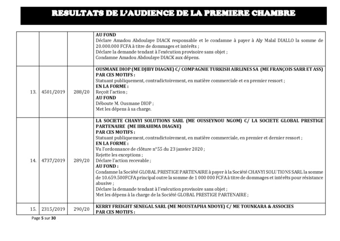 Tribunal du Commerce: Délibérés des Audiences du mercredi 19 février 