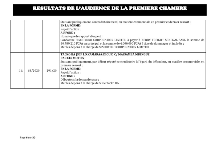 Tribunal du Commerce: Délibérés des Audiences du mercredi 19 février 