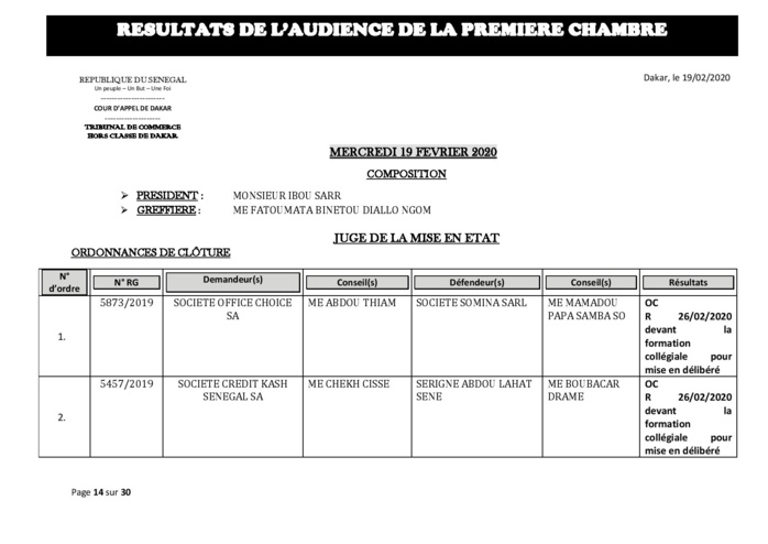 Tribunal du Commerce: Délibérés des Audiences du mercredi 19 février 