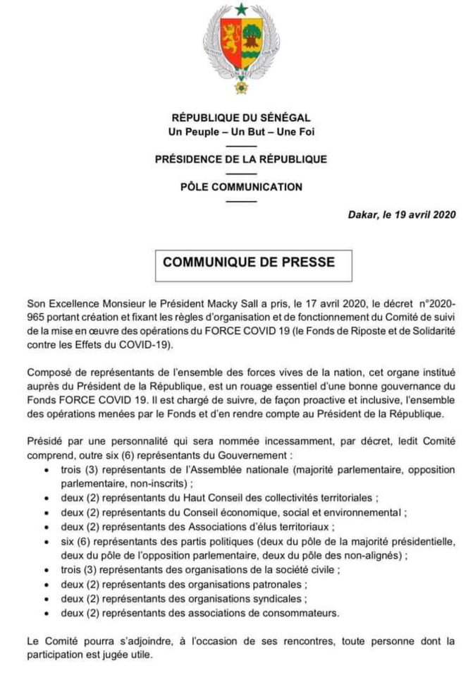 Force Covid-19: Décret portant création et fixant les règles d’organisation et de fonctionnement du Comité de suivi