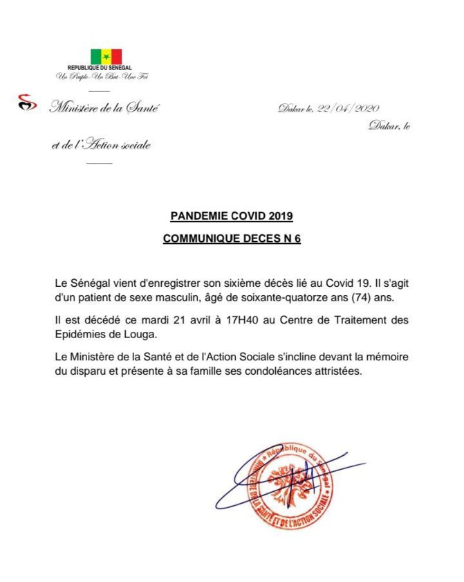 URGENT ! Le Sénégal enregistre un 6e cas de décès (DOCUMENT)