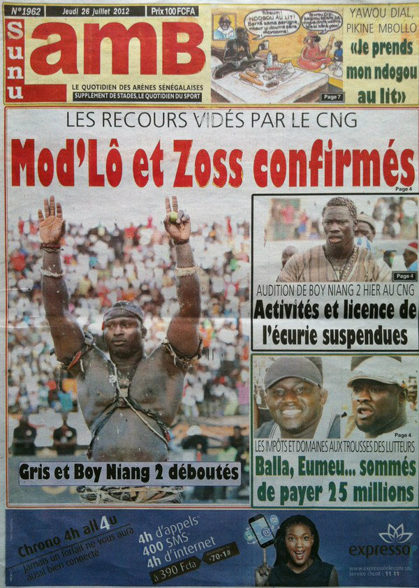 A la Une du Journal Sunu Lamb  du 26 Juillet