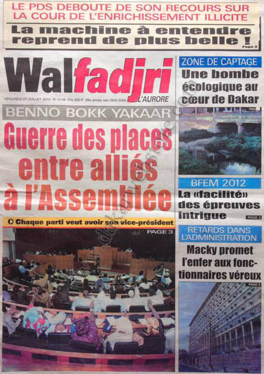 A la Une du Journal Walfadjri du 27 Juillet