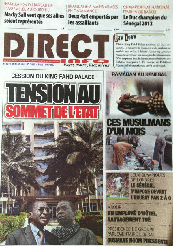 A la Une du Journal Direct Info du 30 Juillet