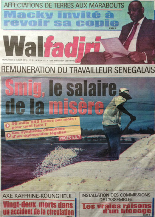 A la Une du Journal Walfadjri du 08 Août